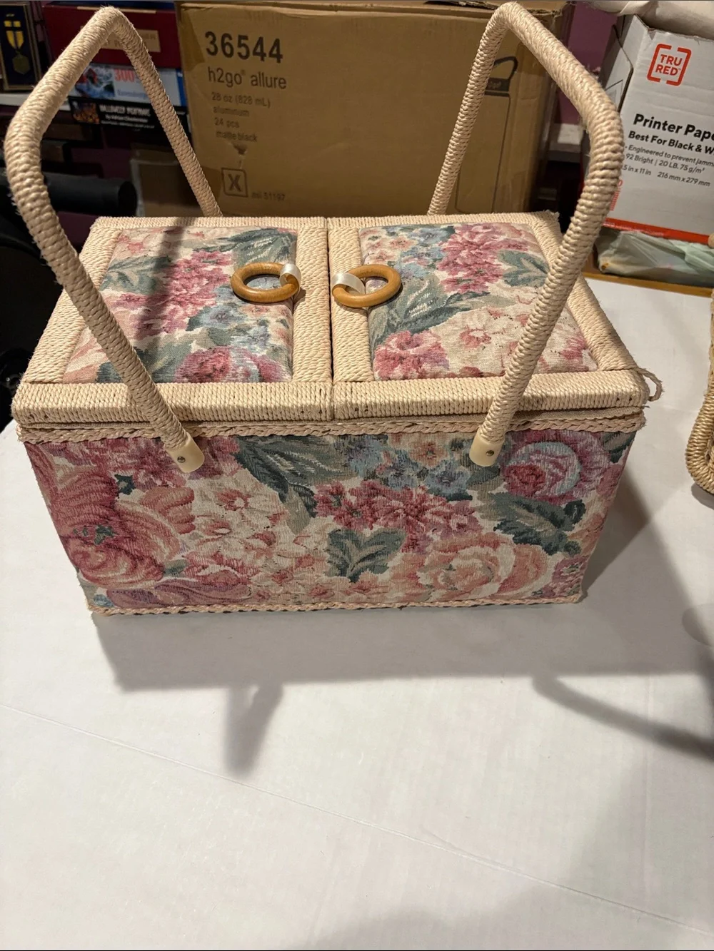 Azar Floral Pink and Green Woven Sewing Basket with Dual Handles